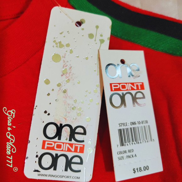 One Point One Boy's Short Sleeve Embroidered Patch Stripe Shoulder Tee Shirt Red - Picture 2 of 9